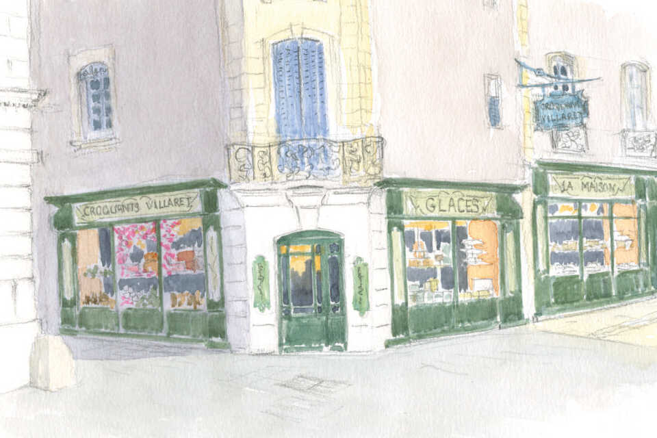 Aquarelle de la devanture de Villaret, rue de l'aspic à Nîmes